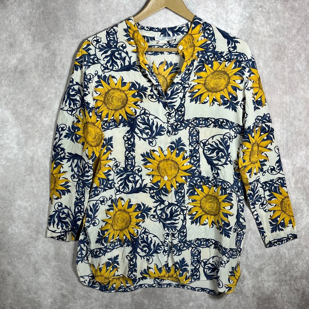 Vintage Daniel Field Blouse Womens Small Blue Yellow‎ Floral Silk 3/4 Sleeves